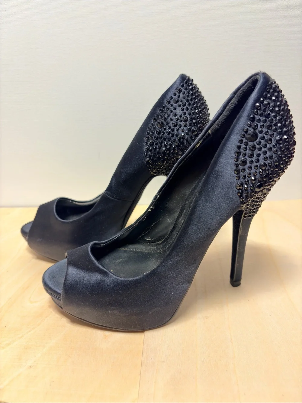 Black Crystal-Accented Peep-Toe Stiletto Heels
